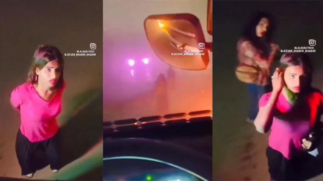 Sexy girl showing her pussy to truck driver on the road